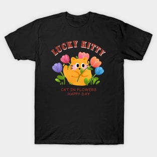 Lucky Kitty, Have A Nice Day, Colroful Flower T-Shirt